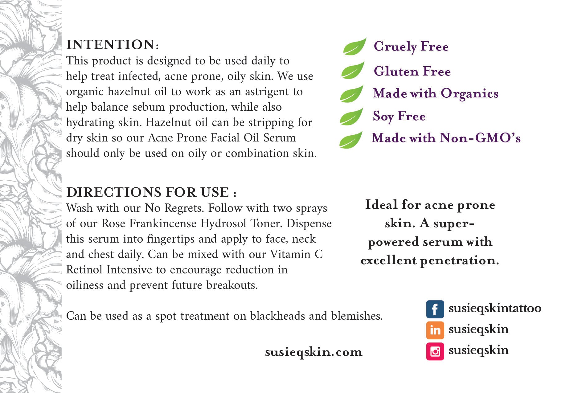 ACNE PRONE FACIAL OIL SERUM | Organic | All-Natural | Acne Fighting Skin Serum | Rosemary, Clary Sage Rose Geranium | 1oz