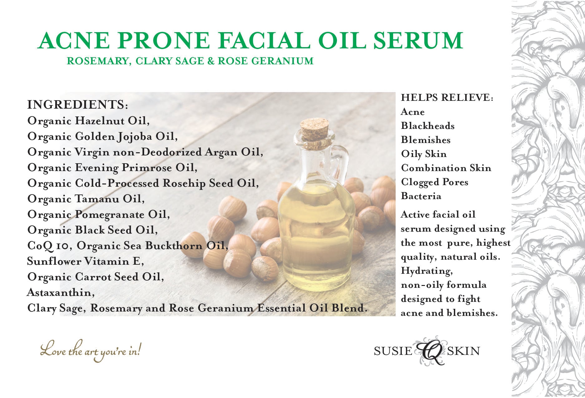 ACNE PRONE FACIAL OIL SERUM | Organic | All-Natural | Acne Fighting Skin Serum | Rosemary, Clary Sage Rose Geranium | 1oz