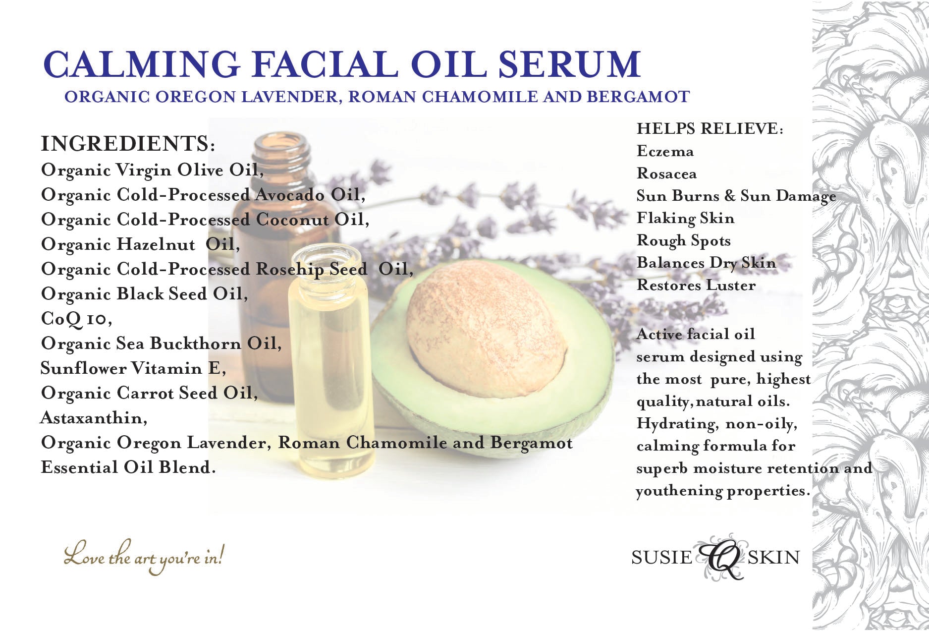 CALMING FACIAL OIL SERUM | Organic | All- Natural | Balancing Skin Serum | Organic Oregon Lavender, Roman Chamomile and Bergamot | 1oz