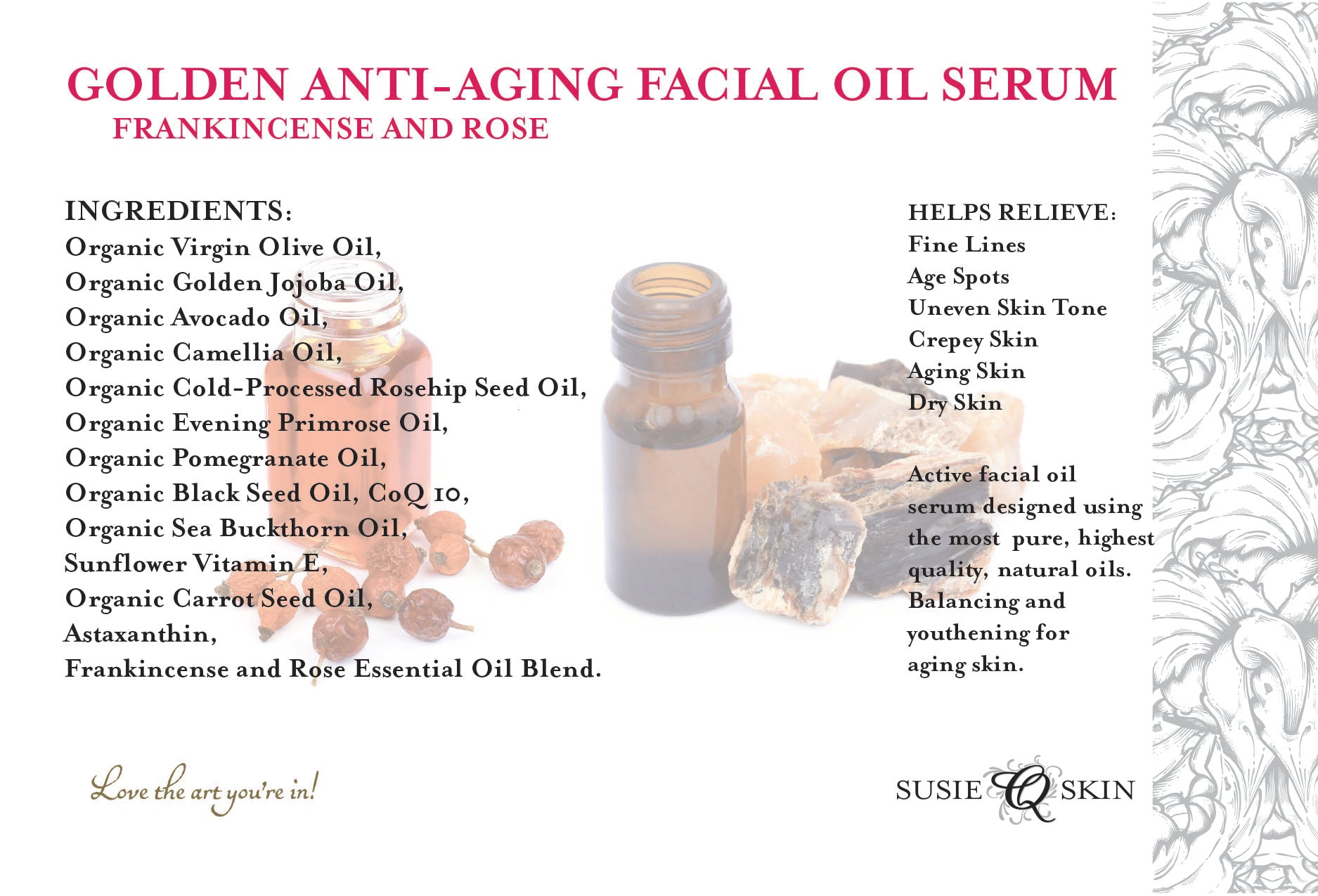 GOLDEN ANTI-AGING FACIAL OIL SERUM | Organic | All-Natural | Wrinkle Reducing Skin Serum | Rose Frankincense | 1oz